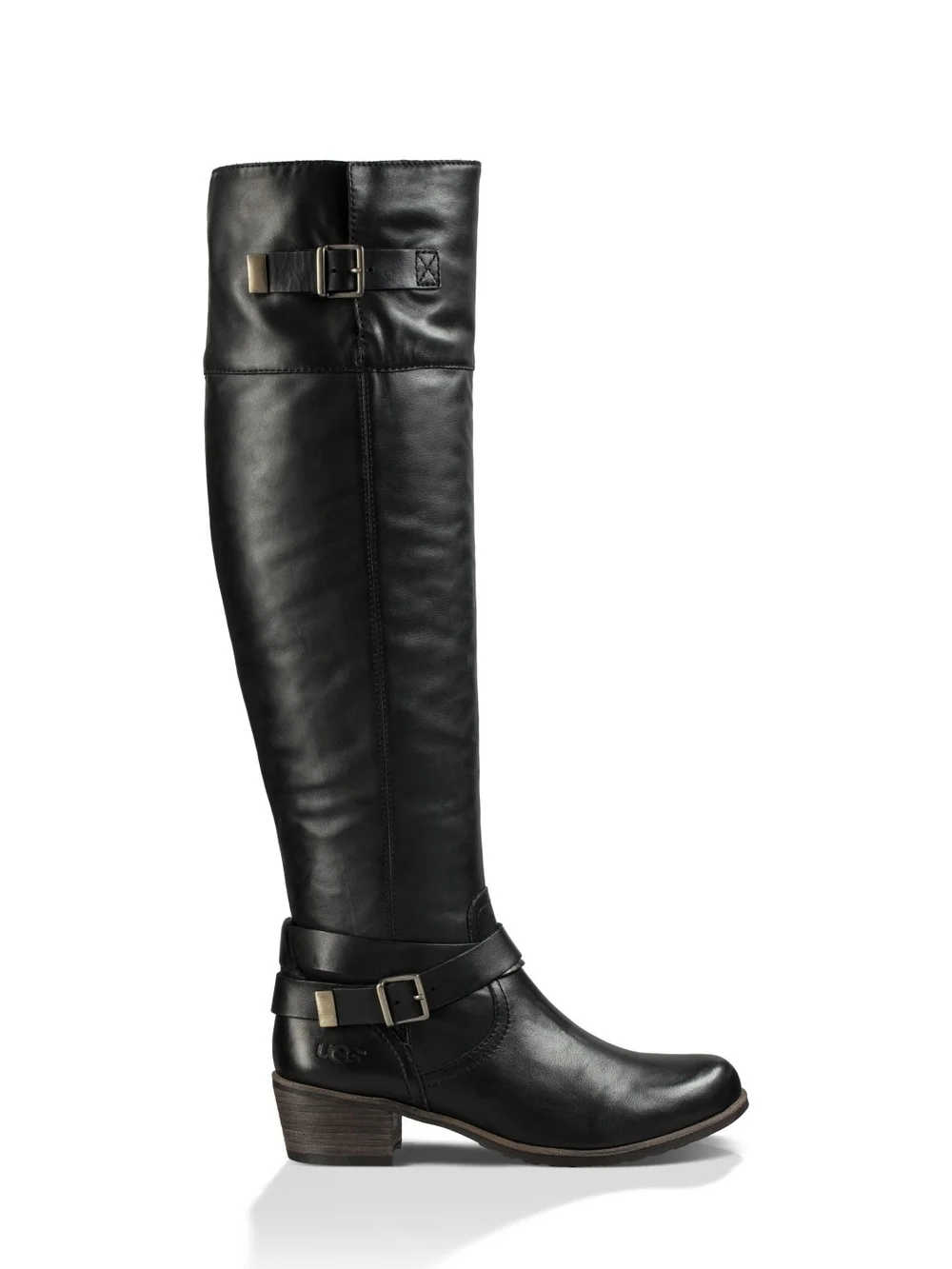 UGG NIB Bess Black Leather Knee-High Buckle Heeled Boot